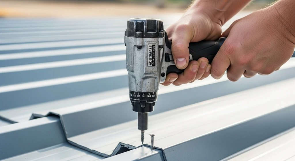 Screw gun installing steel roof decking