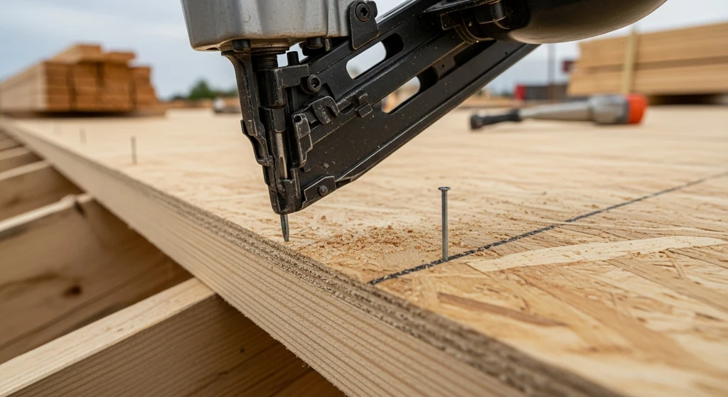 Pneumatic nailer securing OSB roof decking to a rafter