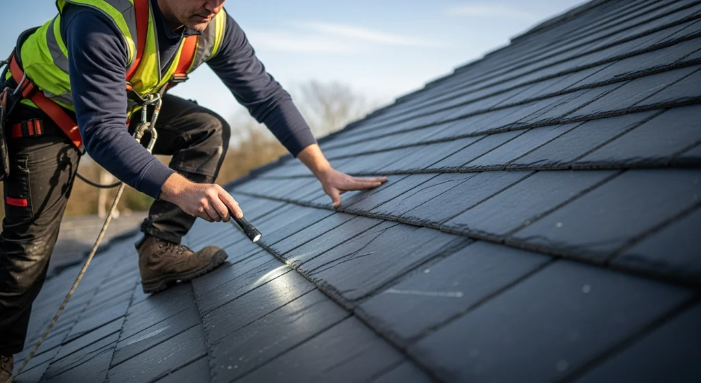 Roofer inspecting artificial roof slates