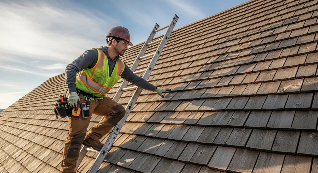 Construction consultant inspecting cedar shake roof