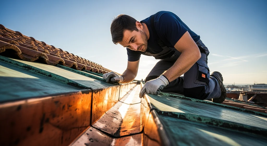 Roof inspector examining copper roof seam