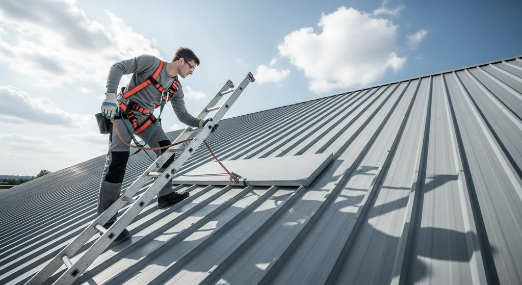 Minimum Pitch for Metal Roof — What You Need to Know 3 Roofing contractor inspecting metal roof.