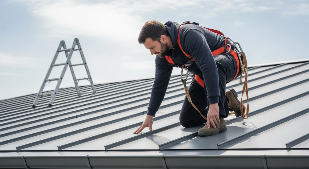 Metal Roof Shingles: Warning Signs & Inspection Tips 3 Roofing contractor inspecting a metal roof