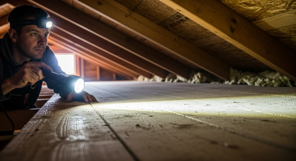 Roofer inspecting roof decking in attic