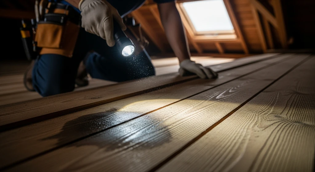 Roof Decking Water Damage: Signs, Causes, & Prevention 3 Roofer inspecting roof decking for water damage