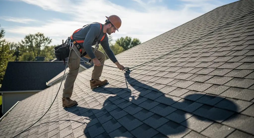 Roofing contractor inspecting shingles for moss and damage.