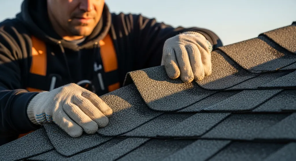 Roof inspector examining shingles for wind damage