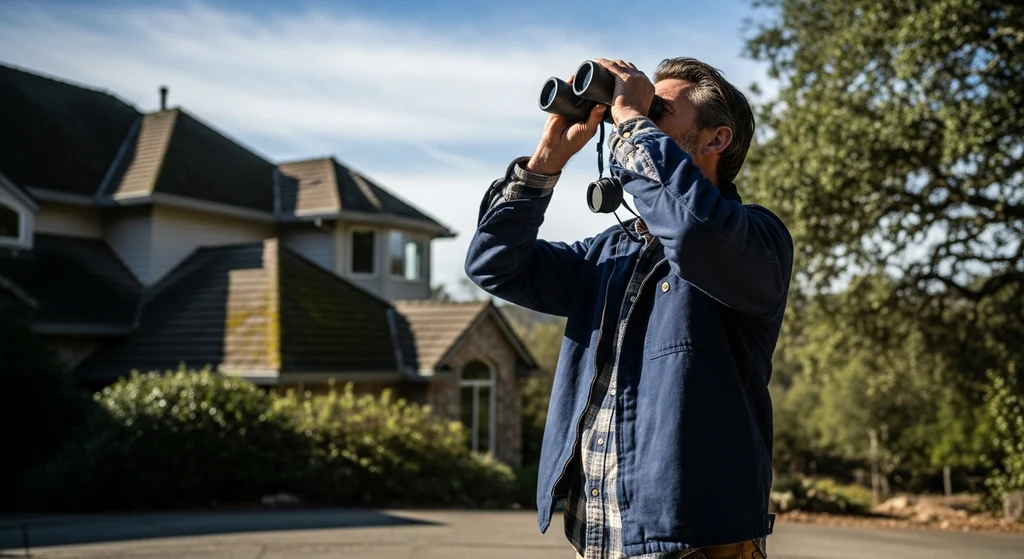 Man inspecting roof with binoculars