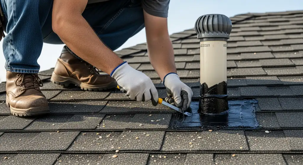 Roof inspector checking sealant around vent pipe.