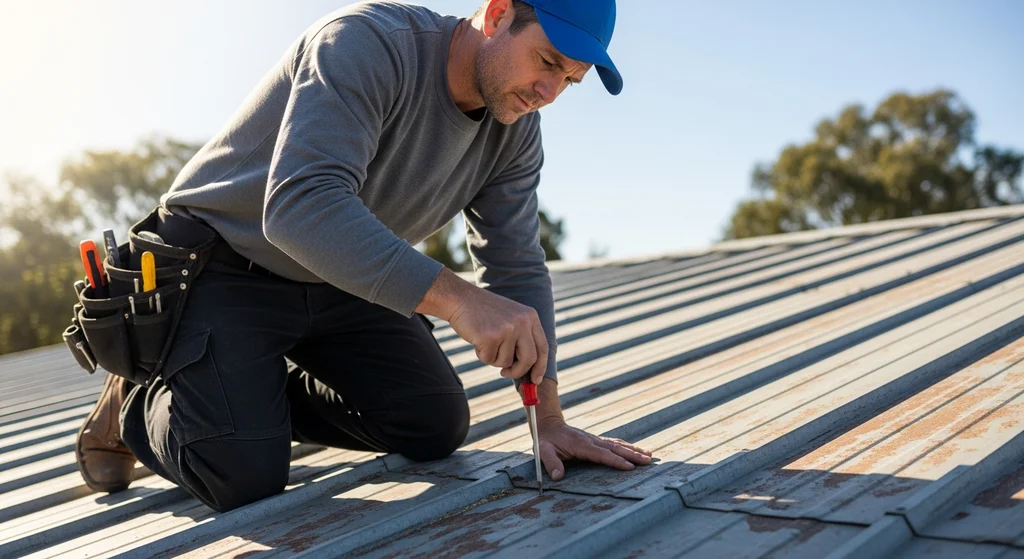 Roof inspector checking metal roof for corrosion.