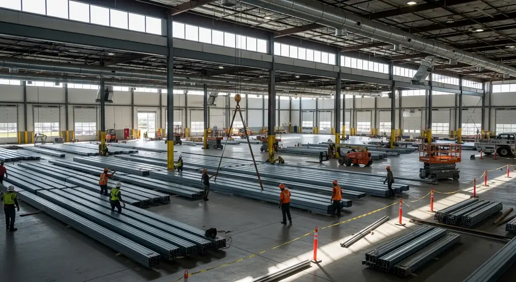 Different Types of Commercial Roof Decking: A Comprehensive Guide 4 Commercial warehouse with steel roof decking.