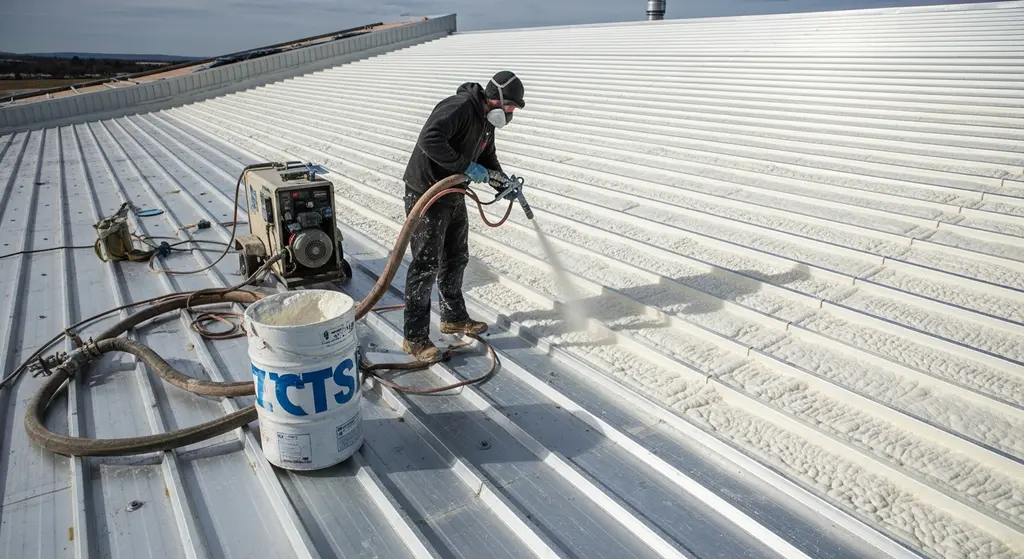 Roofer spraying foam insulation on metal roof.