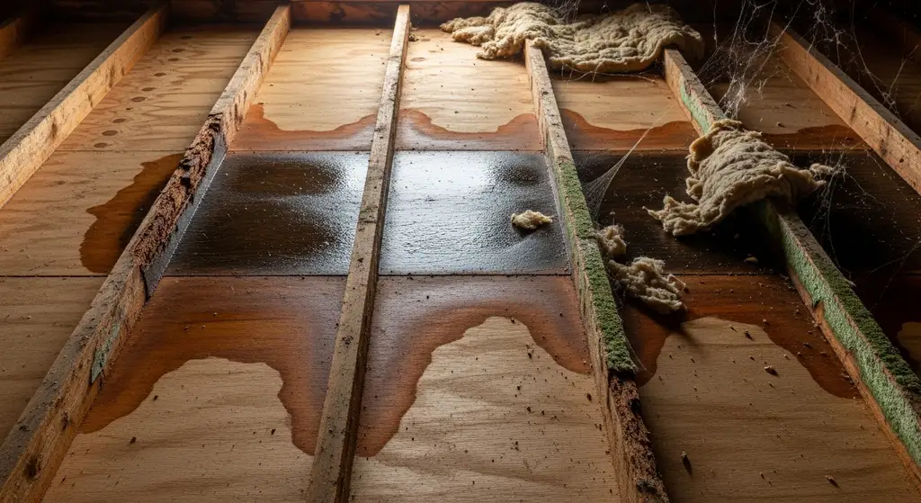 Water damaged roof decking in attic