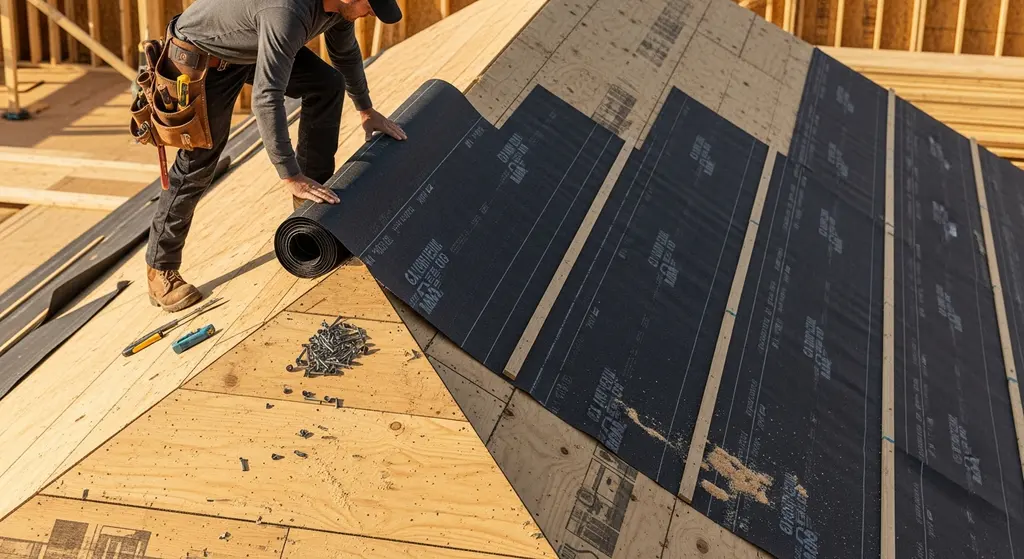 Roof Decking Damage: Signs, Causes & Prevention 7 Roofer installing synthetic underlayment