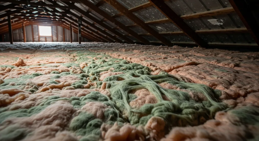 Mold growth on fiberglass insulation in attic.