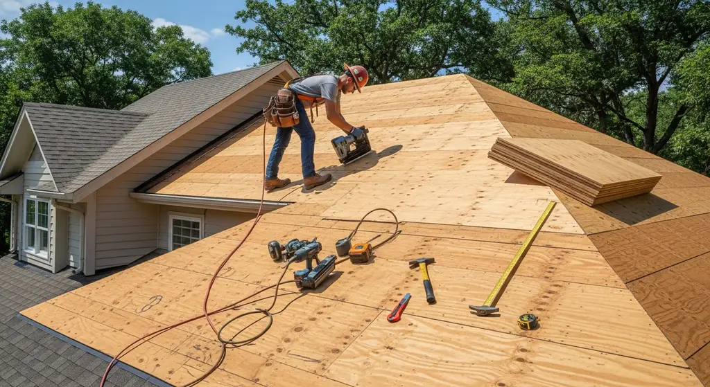 Professional roofer installing roof decking