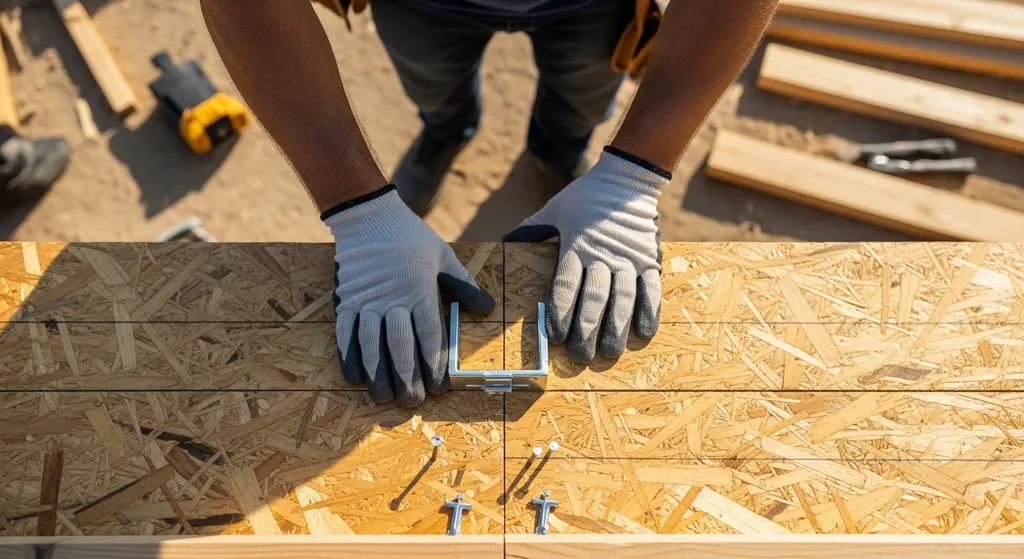 Roofer installing h-clip on roof decking