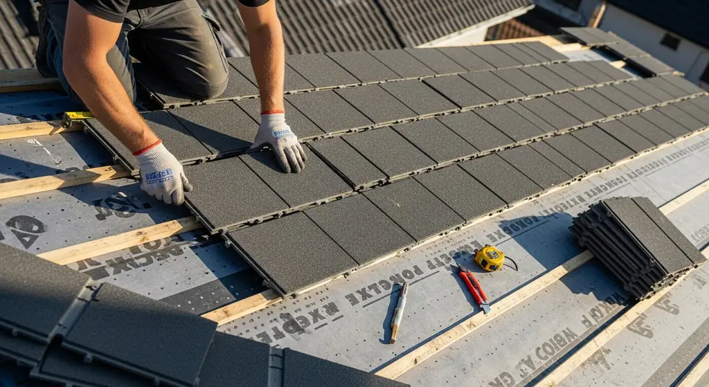 Roofer installing decking tiles
