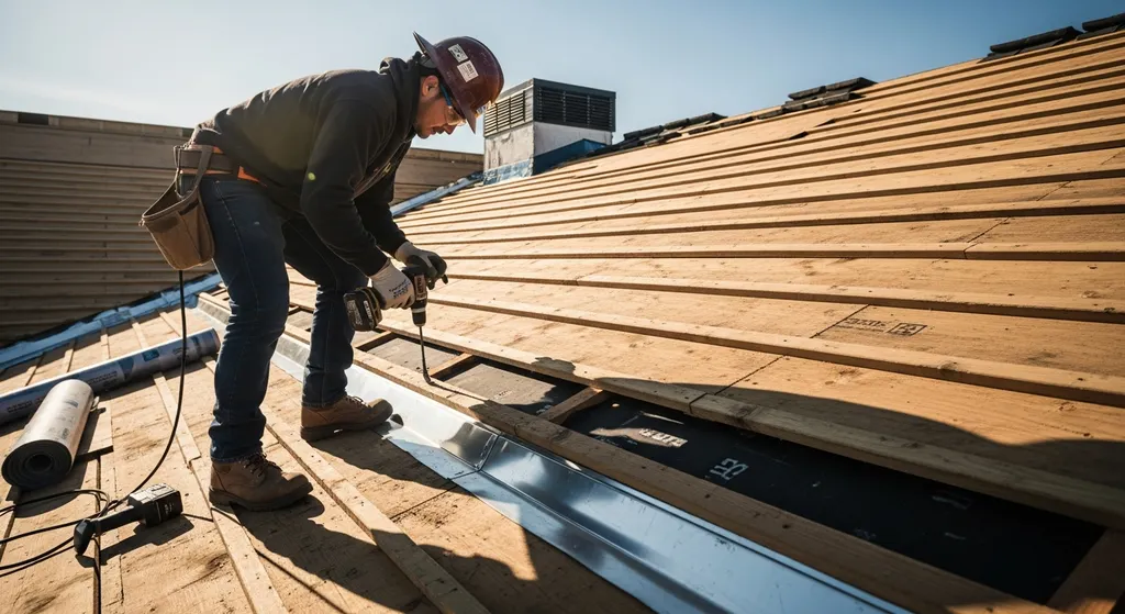 Construction worker integrating new roof decking with existing structure.