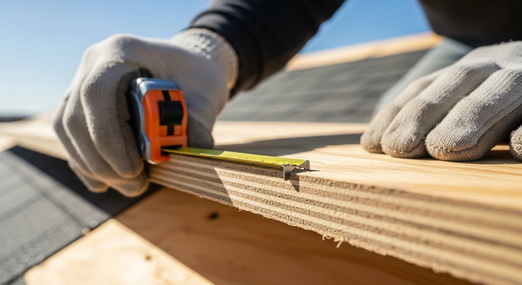 Roofer measuring CDX plywood thickness for IRC code compliance