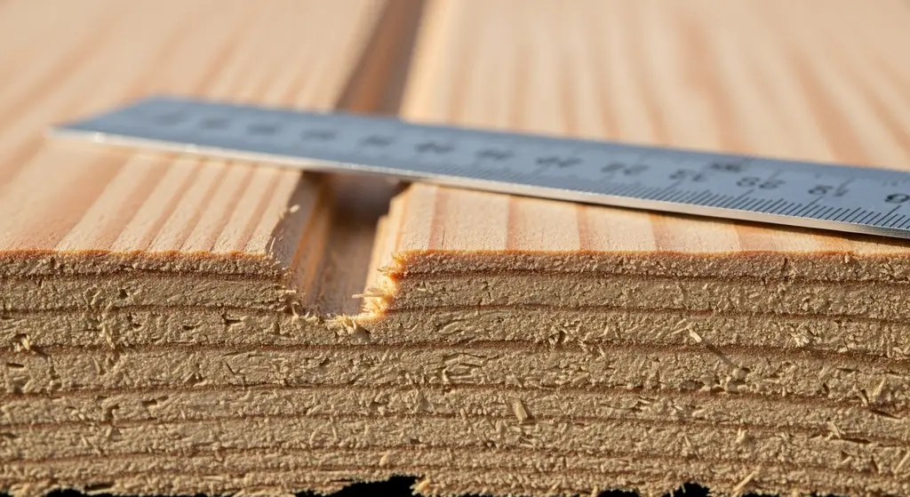 Close up of 15/32 inch roof decking material thickness being measured