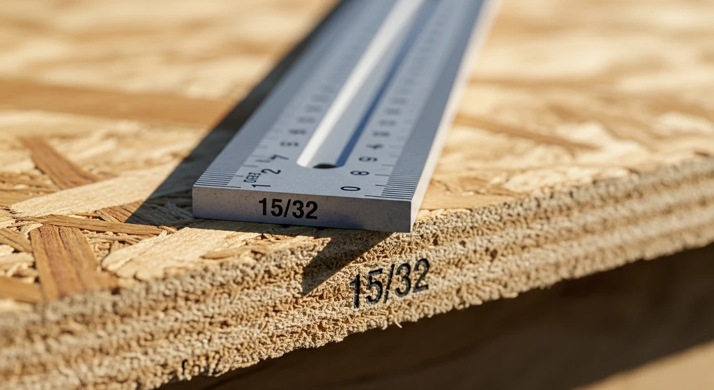 15/32-inch thick roof sheathing panel being measured with a carpenter's square