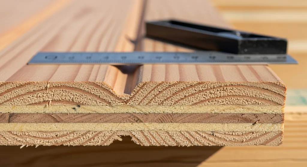 Close-up of roof decking cross-section showing thickness.