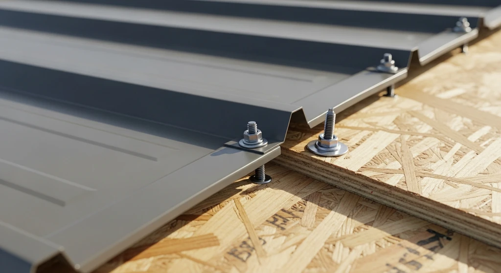 Metal roofing panels installed over CDX plywood decking