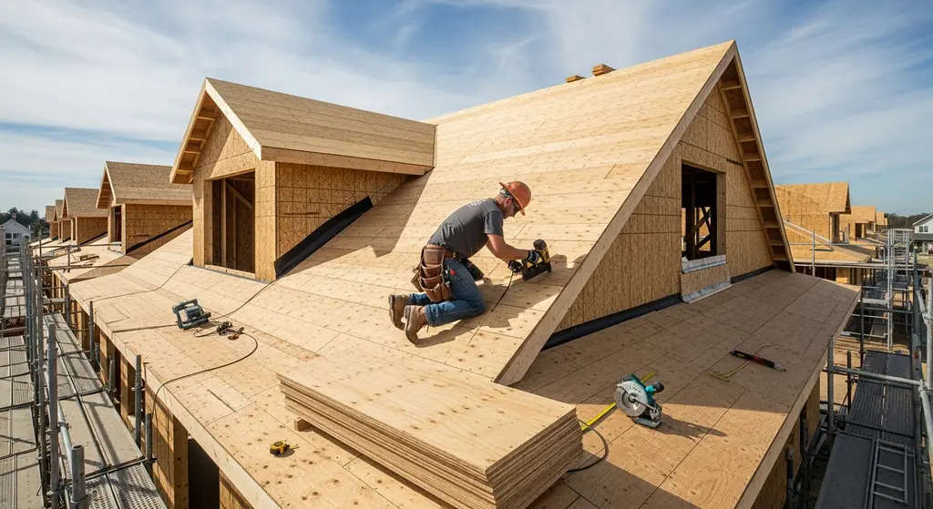Roofer installing new wood decking panels on a residential roof in Dallas