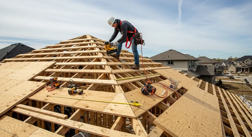 Roofer installing roof decking on porch structure