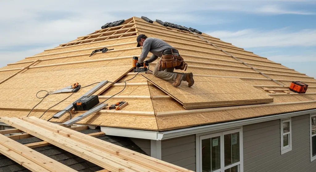 cost Breakdown of gable roof over patio 2 Roofer installing roof decking on a patio cover