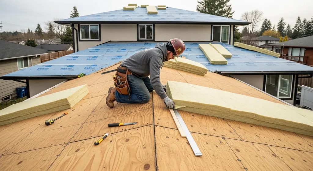 Roofer installing roof insulation.