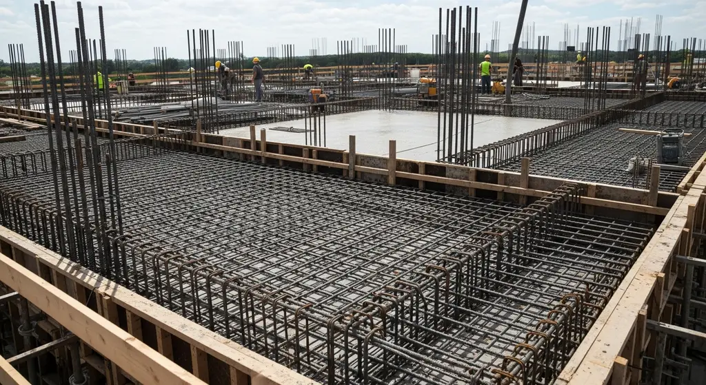 Reinforced concrete roof deck construction with rebar and formwork.