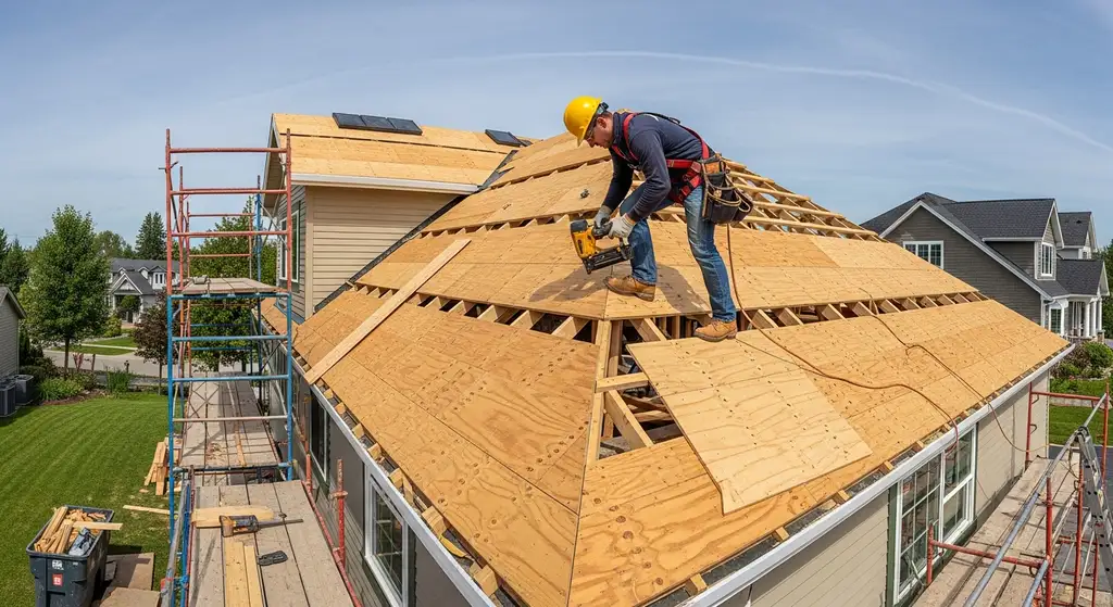 Roofer installing roof decking on patio cover