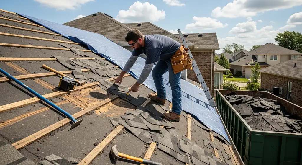Professional roofer inspecting damage