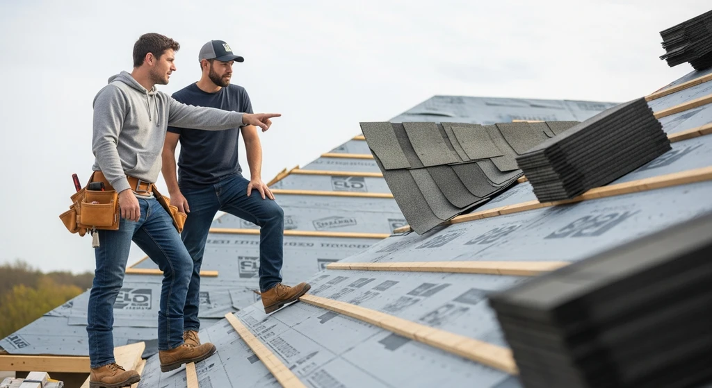 Roofer discussing cost-saving options with homeowner.