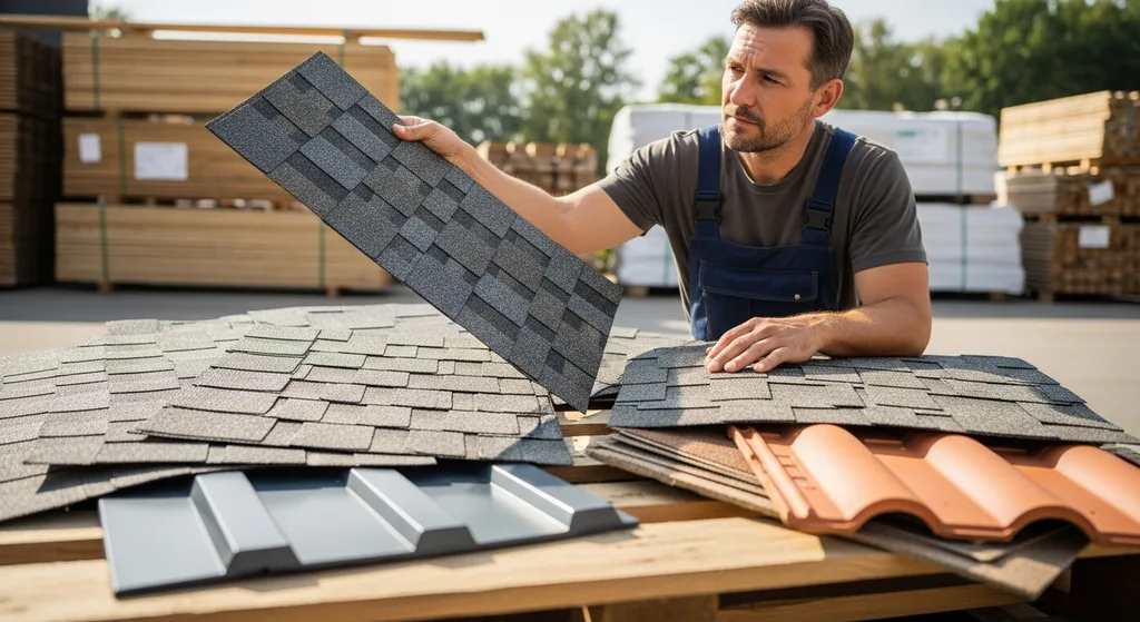 Homeowner comparing roofing materials