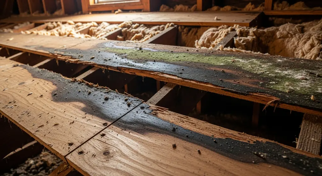 Water damage on roof decking