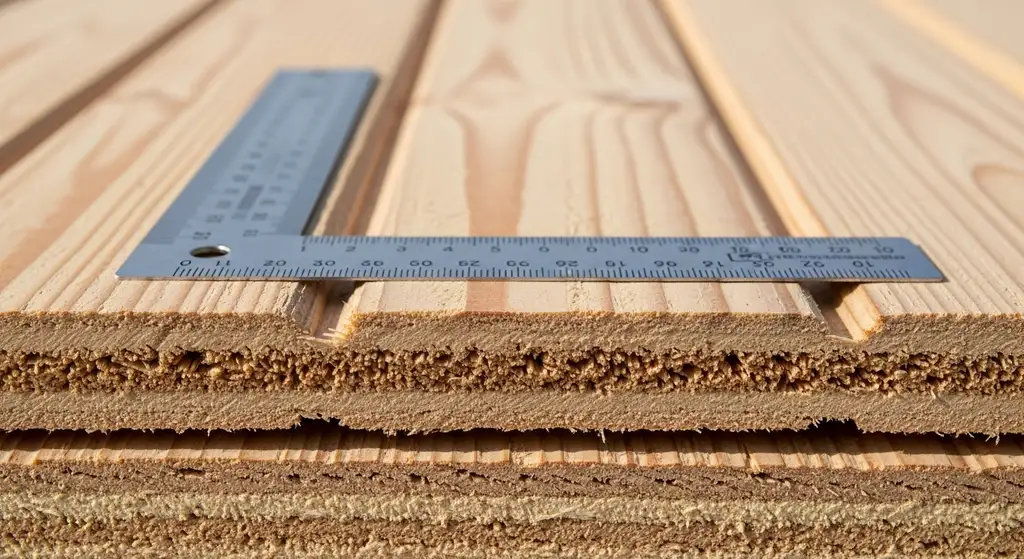 Roof Decking vs Sheathing — What's the Difference? 3 Cross-section of 15/32-inch roof decking with measurement tool