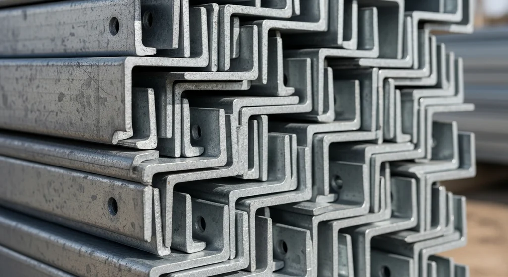 Stack of galvanized steel H-clips for roof decking