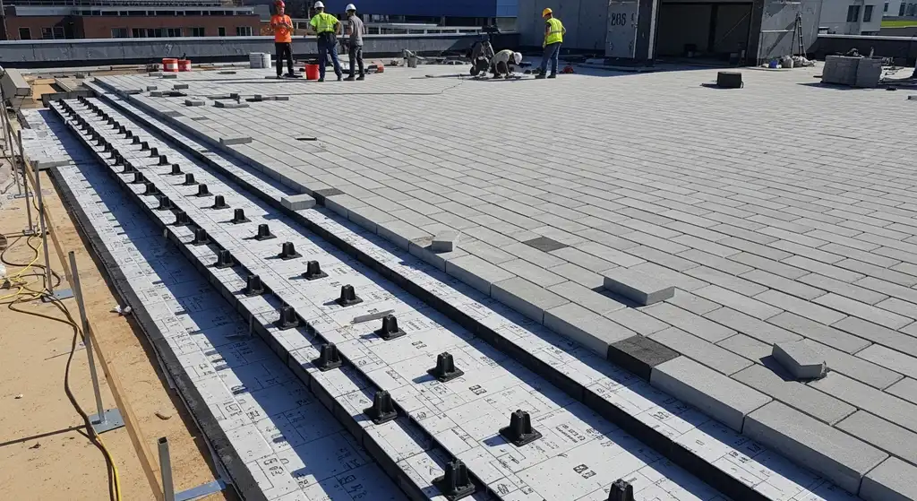 Roof decking paver installation in progress