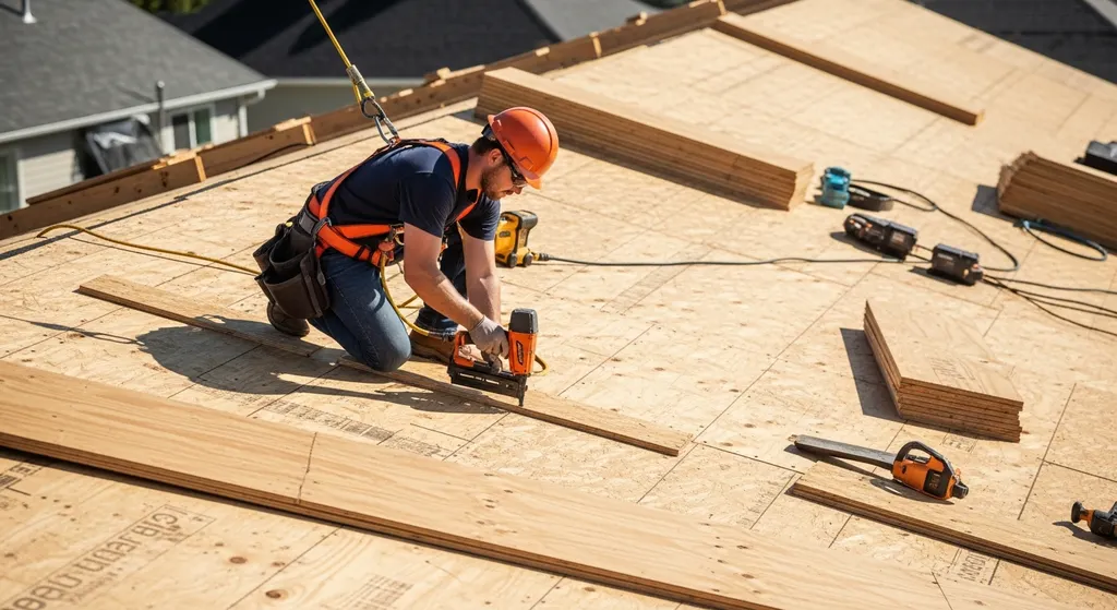 Roofer wearing safety equipment