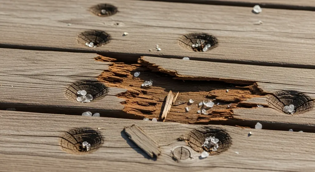 Commercial Roof Decking Types: A Comprehensive Guide 6 Hail damage on wood roof decking in Dallas