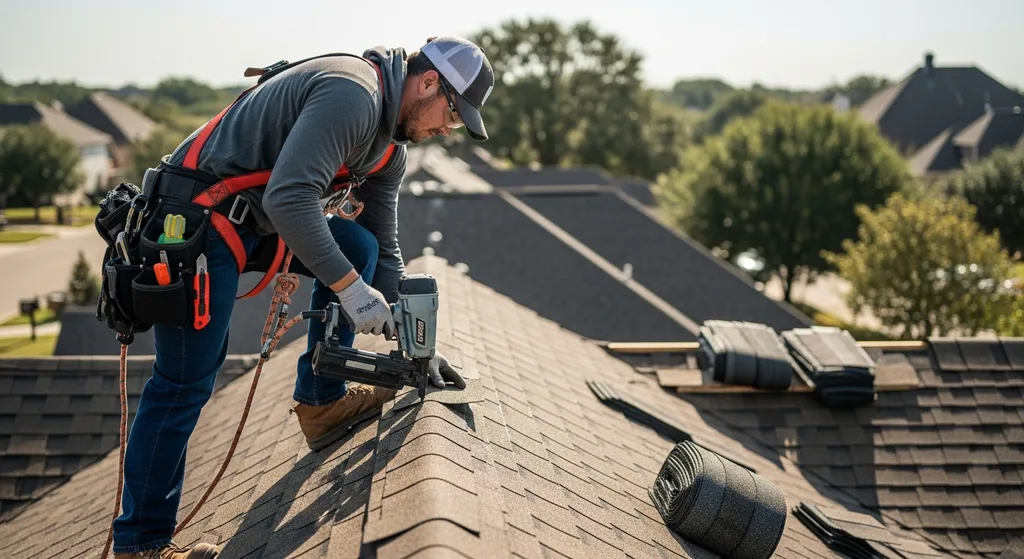 Roofer installing shingles on a residential home