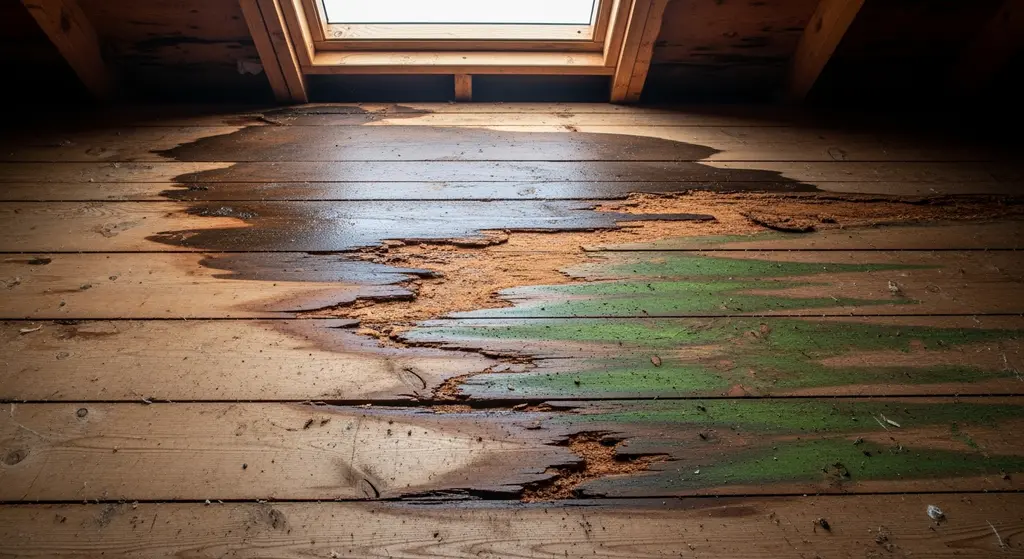 Water damage on roof decking