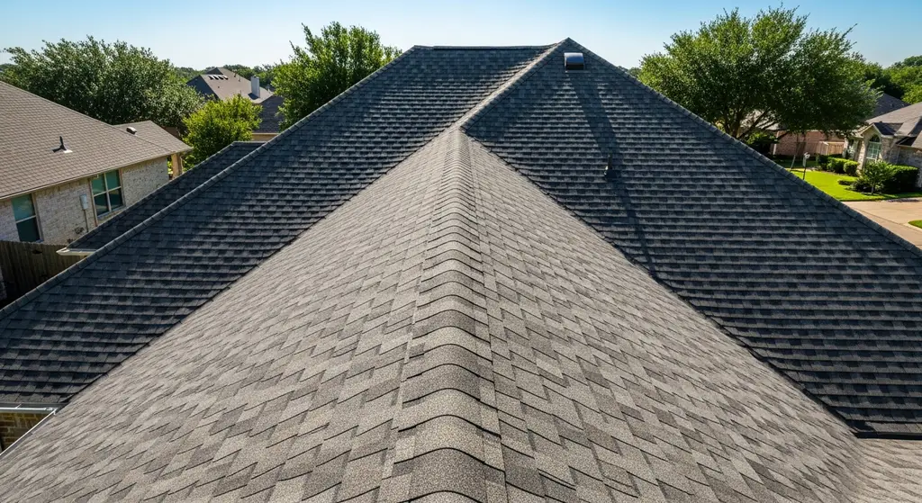 Architectural shingles on a Dallas home showing high-contrast shadow lines