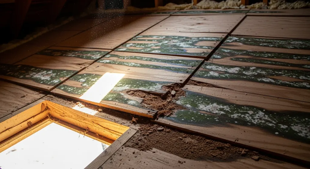 Roof Decking vs Sheathing — What's the Difference? 4 Water damage and staining on attic roof decking