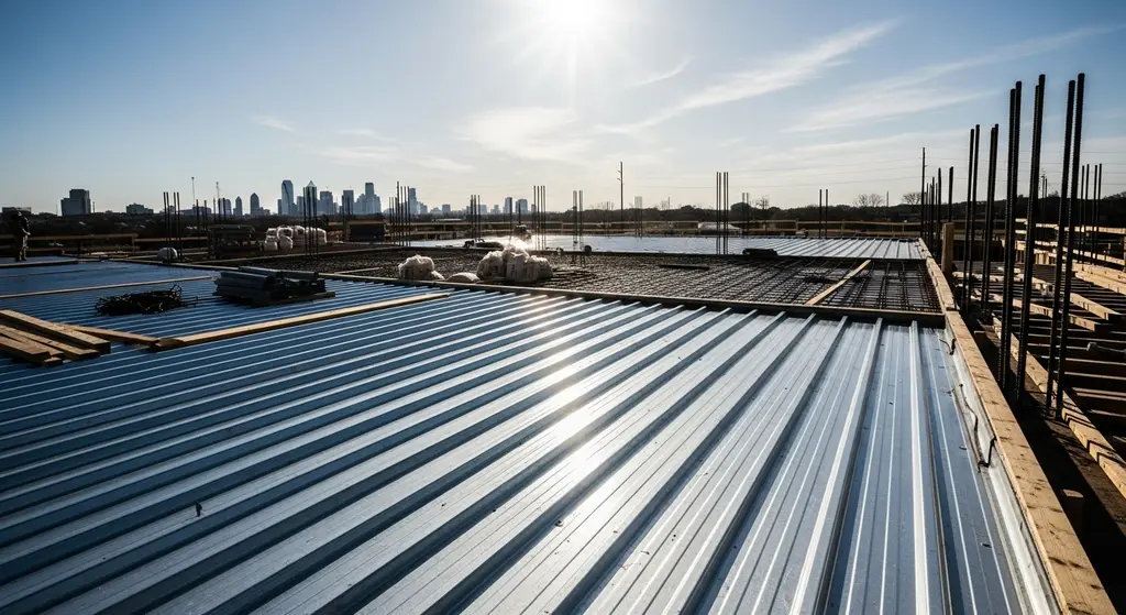 Corrugated steel decking on a sunny Dallas construction site