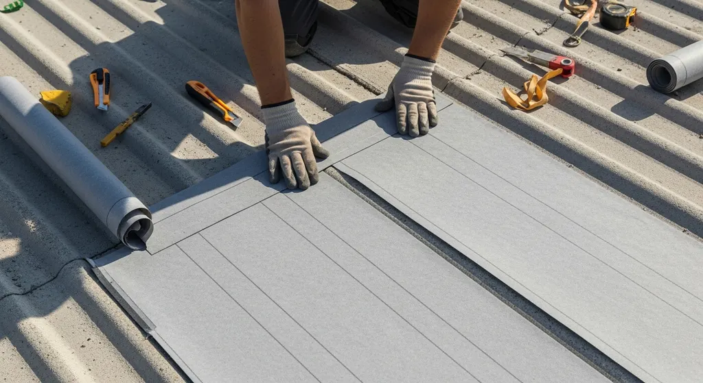 Roofer installing underlayment on corrugated concrete decking.