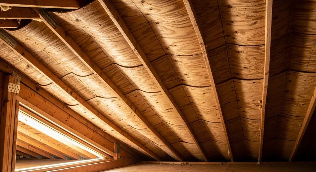 Buckled roof sheathing inside a hot Dallas attic showing signs of thermal expansion